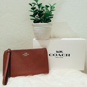 Coach Brown Leather Wristlet Clutch with Silver Logo